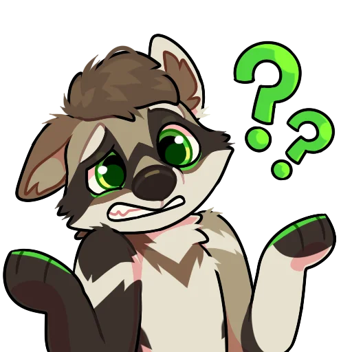 Lorcian sticker: shrugging in confusion under two green question marks.
